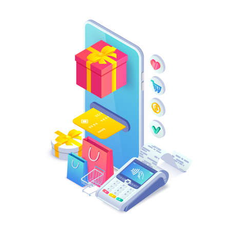 Loyalty program isometric concept. 3d vector smartphone with gift box, credit cart, shopping bags and pos terminal. Online store discount service illustration for web, mobile app, infgraphics, advert.のイラスト素材