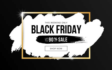 Black friday sale horizontal banner design with white brushstroke and golden frame on black background. Social media template for flyer, poster, shopping, discount, promo, ad, web. Vector illustrationのイラスト素材