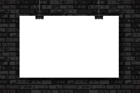 Mockup with empty white horizontal poster on black brick wall background. Trendy portfolio blanc space frame background. Vector Illustration for web portfolio, poster mock up, advertising.のイラスト素材