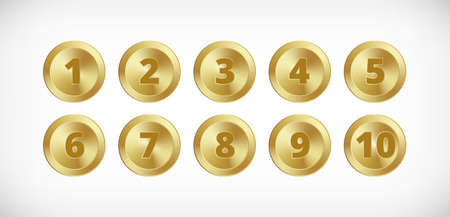Metal gold circle buttons with numbers set. Vector Metallic textured golden badges, shiny design elements for background, web, apps.のイラスト素材