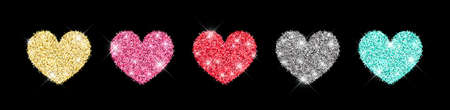 Decorative glitter shiny hearts set isolated on black. Rose gold, pink, golden, silver, red, mint glossy sparkles shape.のイラスト素材
