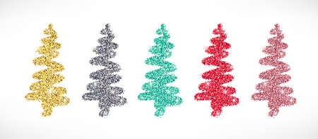 Gold glitter stylized Christmas tree hand drawn icons set. Vector Shiny textured Christmas, New year and winter sparkling golden, silver, pink, red and blue symbols for decoration, cute greeting card.のイラスト素材