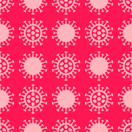 Coronavirus flat seamless pattern. Corona virus 2019-nCoV background with pink viruses on red...