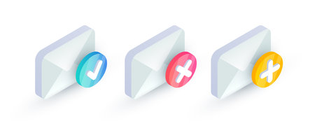 Email with checkmark isometric icon set. Cancel and Confirm email, unsubscribe, successful verification, add new message concept. 3d Mail sign with red cross x and yes checkmark. Social network vectorのイラスト素材