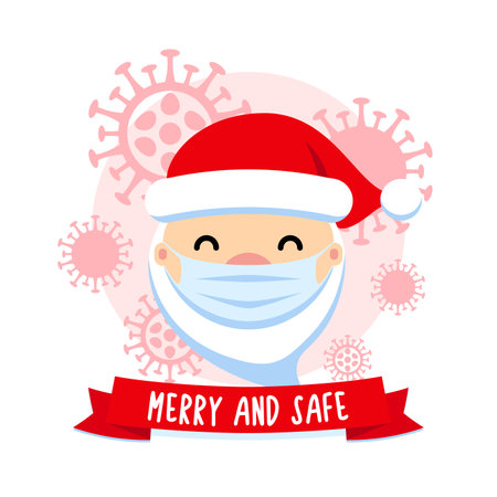 Merry and safe. Santa Claus with protective mask and corona virus. COVID - 19 Christmas cute flat vector illustration. Pandemic coronavirus New Year 2021 concept.のイラスト素材