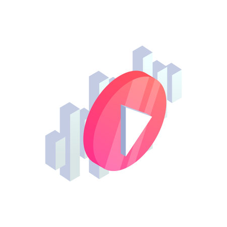 Isometric play video icon. 3D video player with sound wave flat vector sign. Video and Audio technology, Waves of the equalizer symbol.のイラスト素材