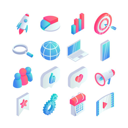 Isometric social media marketing flat icons set. 3d network concept symbols with rocket, phone, like, target, megaphone icons. Web illustration infographics collectionのイラスト素材