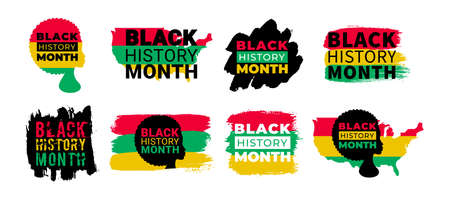 Black History Month. Vector African American History Designs set with African Woman, text, USA America map for poster, print, card, banner, backgroundのイラスト素材