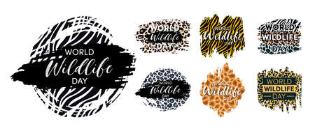 World Wildlife Day Designs set. Wild animals protect and conservation background. Grunge leopard, zebra, tiger and giraffe skin stiker template. Vector illustration.のイラスト素材