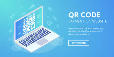 QR code payment on website banner. 3d Scan barcode on laptop screen concept, Online QR pay isometric...