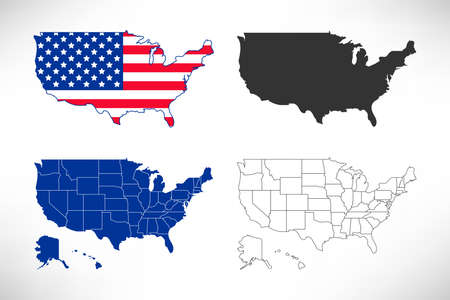 USA vector map set. American national flag colors. Vector United States of America silhouette with states bordersのイラスト素材