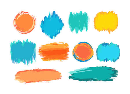 Hand drawn vector brush strokes backgrounds. Color paint spots, watercolor brushstroke set. Acryl artistic paint blobs highlights. Abstract splashes, circle and stains shapes, creative design elementsのイラスト素材
