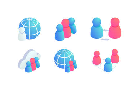 Global people teamwork isometric vector icons set. 3d globe business, social media network users, Internet communication sign, collaboration symbol. User exchange, outsource and data transfer conceptのイラスト素材