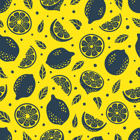 Cute Vector Lemon tropical seamless pattern. Doodle summer fresh fruit slice, leaves, half sliced and whole lemons black silhouettes print on yellow background. Lemonade hand drawn repeat textureのイラスト素材