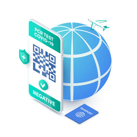 Negative coronavirus pcr test certificate QR code on smartphone screen vector isometric concept. 3D Electronic Covid-19 Health Passport for safe world travel on mobile phone. Coronavirus pass appのイラスト素材