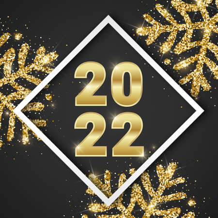 2022 Merry Christmas and Happy New Year greeting card design with shiny golden numbers and gold...