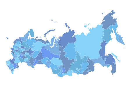 Detailed Russia administrative blue map with borders of regions icon isolated on white background. Russian Federation Vector illustrationのイラスト素材