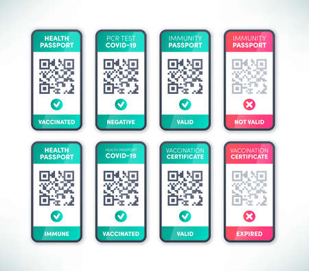 Digital health passport QR code on smartphone screen set vector. Electronic valid and expired Covid-19 vaccination immunity certificate for safe travel, restaurant and cafe entry. Coronavirus pass appのイラスト素材