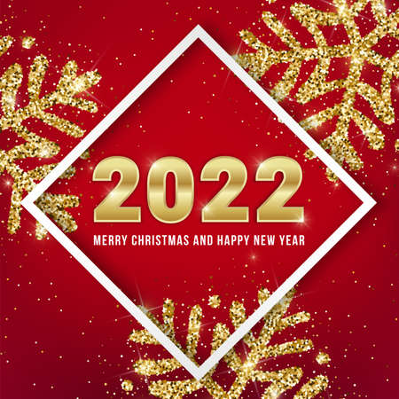 2022 Merry Christmas and Happy New Year greeting card design with shiny golden numbers and gold glitter snowflakes on red square background. Vector illustration for web, xmas banner, social mediaのイラスト素材