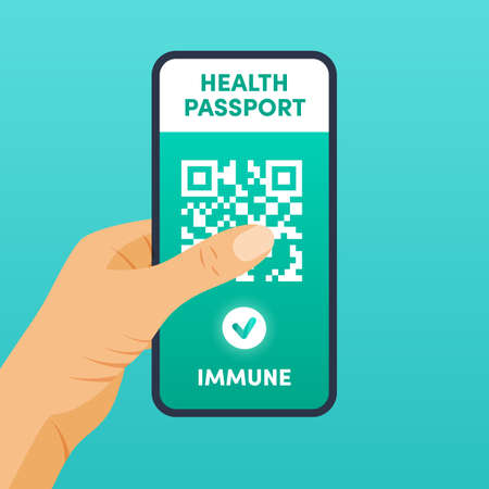 Electronic Health passport  QR code on smartphone screen in woman hand vector concept. Vaccination or negative virus test green valid certificate. Immunity pass appのイラスト素材