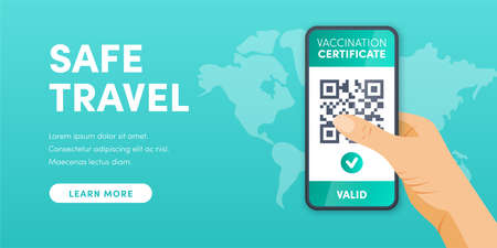 Electronic valid Vaccination certificate QR code on smartphone screen vector concept. Green immunity passport on mobile phone. Health pass app for safe travelのイラスト素材
