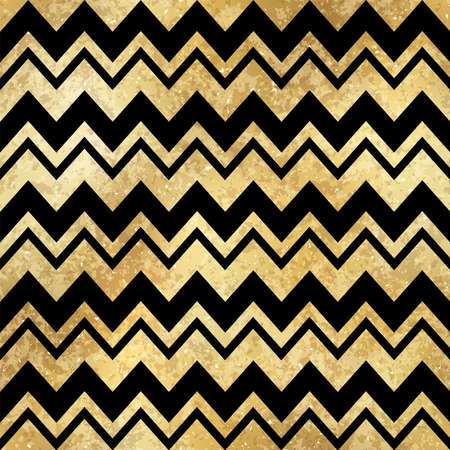 Vector Geometric Zigzag Striped Golden Seamless Pattern. Shiny gold foil patina repeat texture with black chevron. Abstract festive metal print for digital paper, background, wallpaper.のイラスト素材