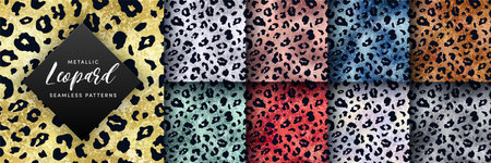 Vector trendy golden metallic leopard skin seamless pattern set. Abstract wild animal cheetah black...