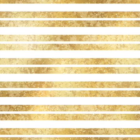 Festive Vector Geometric Striped Golden Seamless Pattern. Classic shiny gold foil repeat texture with horizontal lines. White stripes holiday luxury glow print for digital paper, background, wallpaperのイラスト素材