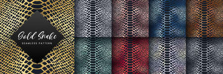 Trendy snake skin gold vector seamless pattern set. Wild animal reptile skin, shiny golden, silver, rose gold, blue, red, green metal foil repeat textured print for wrapping, background, wallpaperのイラスト素材