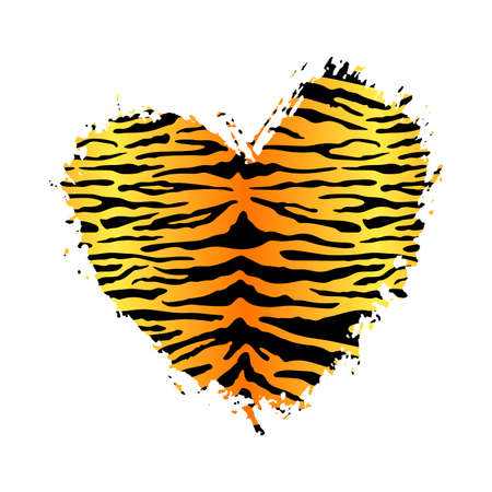 Tiger Heart Shape Print. Wild animal skin pattern texture, orange hand drawn brush stroke striped heart. Vector design textured element for fashion print design, tag, backgrounds, Valentines day, cardのイラスト素材