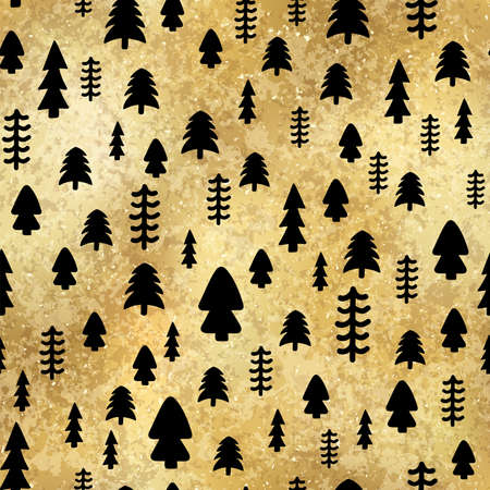 Vector Christmas tree gold seamless pattern. Festive New Year fir tree black print on yellow golden shimmer foil background. Christmas holidays shiny metallic texture for decor, gift wrap paper designのイラスト素材