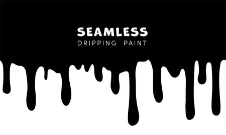 Vector Paint Drips Seamless Border. Water, oil, paint, blood, ink, ice cream or melt chocolate dripping background. Liquid flowing black stains, abstract splatter design element on white backgroundのイラスト素材