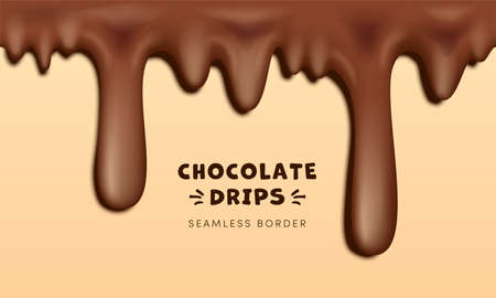 Realistic Seamless Dripping Chocolate Drops Horizontal Border. 3D vector liquid melted flowing milk chocolate, brown syrup flowing down, cake topping splash on caramel background mockup.のイラスト素材