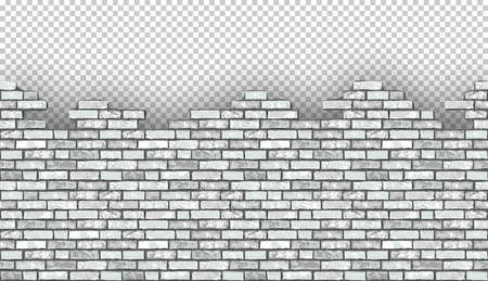 Realistic Vector broken white brick wall with transparent background. Destroyed flat gray stone wall texture. Grey textured brickwork for print, design, decor, background, banner, advertのイラスト素材
