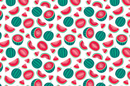 Vector watermelons pattern horizontal background. Cute summer fresh fruits print. Watermelon red slices, half sliced and whole watermelons texture on white background for wallpaper, decoration, designのイラスト素材