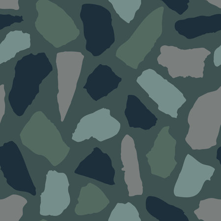 Vector Terrazzo seamless pattern. Abstract Italian flooring stone, concrete dark color elements texture on dark green background. Granite natural textured print for interior design, wallpaper, fabric.のイラスト素材
