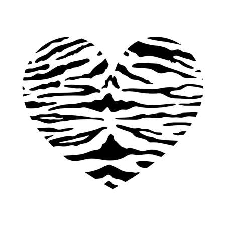Heart shape with tiger print texture. Abstract design element with wild animal tiger stripes skin pattern. Vector black and white striped heart for fashion print design, tag, Valentines card.のイラスト素材