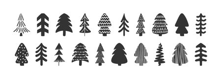 Vector cute hand drawn Christmas trees set on white background. Doodle ink scandinavian stylized spruce, childish fir silhouette icons collection. New Year symbol for print, web, winter decorのイラスト素材