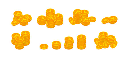 Vector Isometric gold coins with Yen sign stack set. 3d pile of golden money cash symbol collection isolated on white. Banking currency of Japan, business, financial concept for web, app, infographicsのイラスト素材
