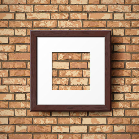 Empty Wooden Photo Frame. Vector Realistic dark brown wood picture frame mockup template with shadow on grunge brick wall background. Mock up for poster, photo gallery, painting, home interior.の写真素材