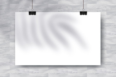Vector Mockup with empty white horizontal poster on white wooden background and palm shadow overlay. Trendy portfolio blanc space frame background for web portfolio, poster mock up, advertising.のイラスト素材