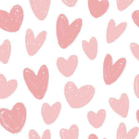 Cute Hand Drawn Love Seamless Pattern. Abstract pink hearts with chalk grunge texture on white....