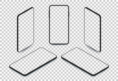 Black smartphones with empty screen mockup on transparent background set. Realistic mobile phone isometric template. Vector black device with shadow mock up. Phone frame mockup designのイラスト素材
