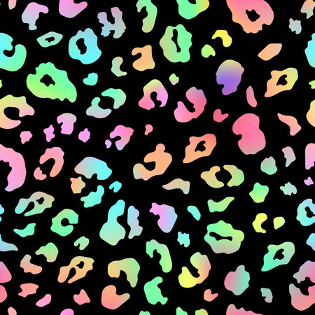 Trendy Neon Leopard seamless pattern. Vector rainbow wild animal leo skin, gradient cheetah texture with rainbow spots on black background for fashion print design, textile, wrapping paper.のイラスト素材