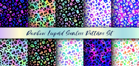 Trendy Rainbow Leopard seamless patterns set. Vector gradient wild animal cheetah skin, leo texture with black, neon iridescent spots for fashion print design, wrapping paper, backgrounds, wallpaperの写真素材