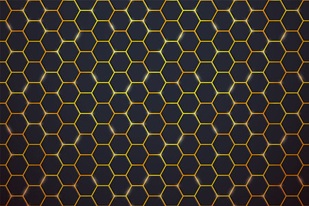 Abstract black hexagon tiles pattern horizontal background with shiny flares on gold yellow background. Modern honeycomb luminous cells texture. Vector glowing game, medical, hexagon background.のイラスト素材