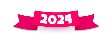 2024 New Year Red ribbon with realistic shadow isolated on white background. Happy New Year and Merry Christmas decorative design element. Vector ribbon for web, design, advert, app.のイラスト素材