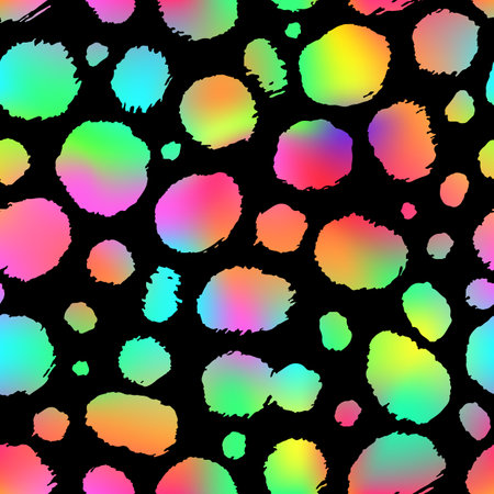 Trendy Neon Cheetah seamless pattern. Vector rainbow wild animal leopard skin, gradient leo texture with neon spots on black background for fashion print design, textile, wrapping paper, backgrounds.のイラスト素材