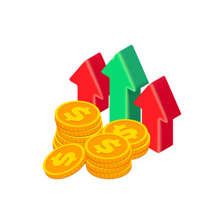 3D isometric money growth up concept. Vector trending upward graph arrow and gold dollar coins on white background. 3D render uptrend chart. Business, financial data infographics for app, web, advert.のイラスト素材