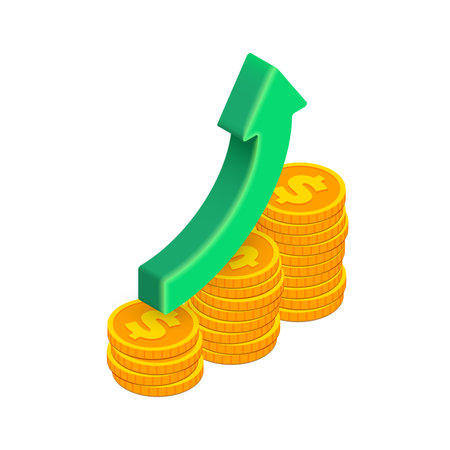 3D isometric money growth up concept. Vector trending upward green arrow and gold dollar coins on white background. 3D render uptrend chart. Business, financial data infographics for app, web, advert.のイラスト素材